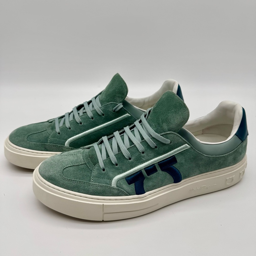 Salvatore Feragamo Suede Gancini Sneakers Leather Trim Designer Shoes - Picture 6 of 8